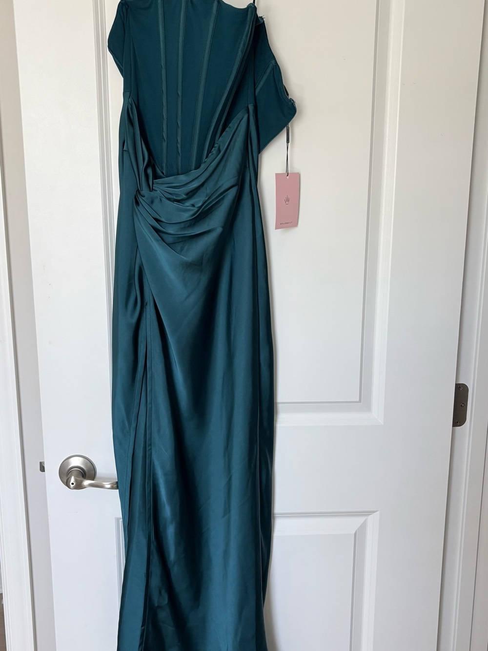 New Hello Molly sz 2 Strapless Teal Evening Gown with Twist Front and High Slit - Picture 6 of 11